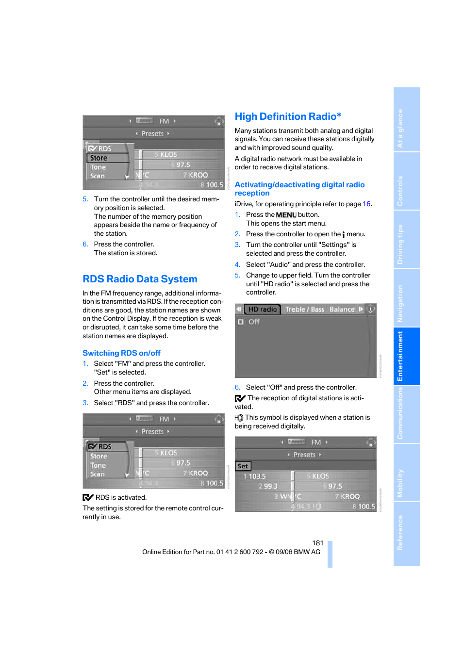 Rds radio data system, High definition radio | BMW X5 xDrive35d 2009 User Manual | Page 183 / 317