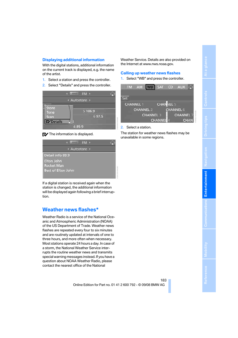 Weather news flashes | BMW X5 xDrive35d 2009 User Manual | Page 185 / 317