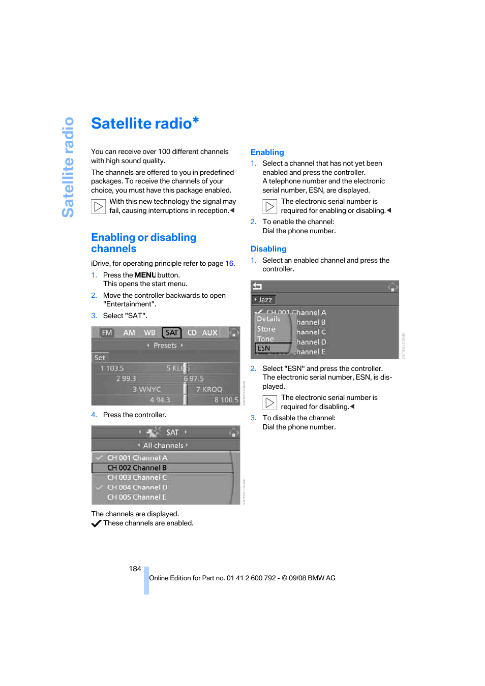 Satellite radio, Enabling or disabling channels | BMW X5 xDrive35d 2009 User Manual | Page 186 / 317