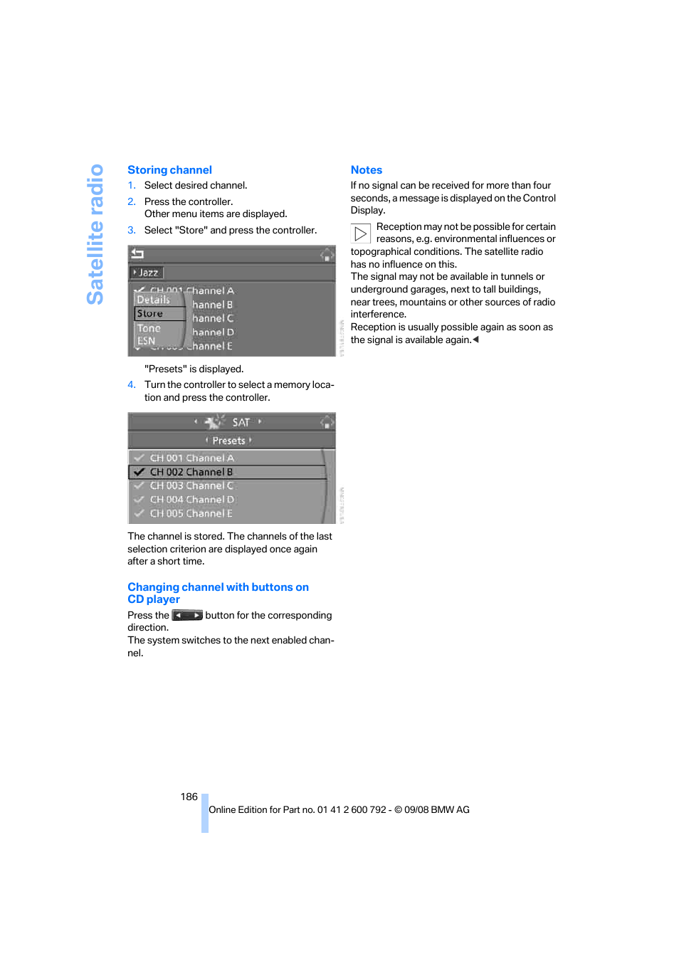 Satellite radio | BMW X5 xDrive35d 2009 User Manual | Page 188 / 317