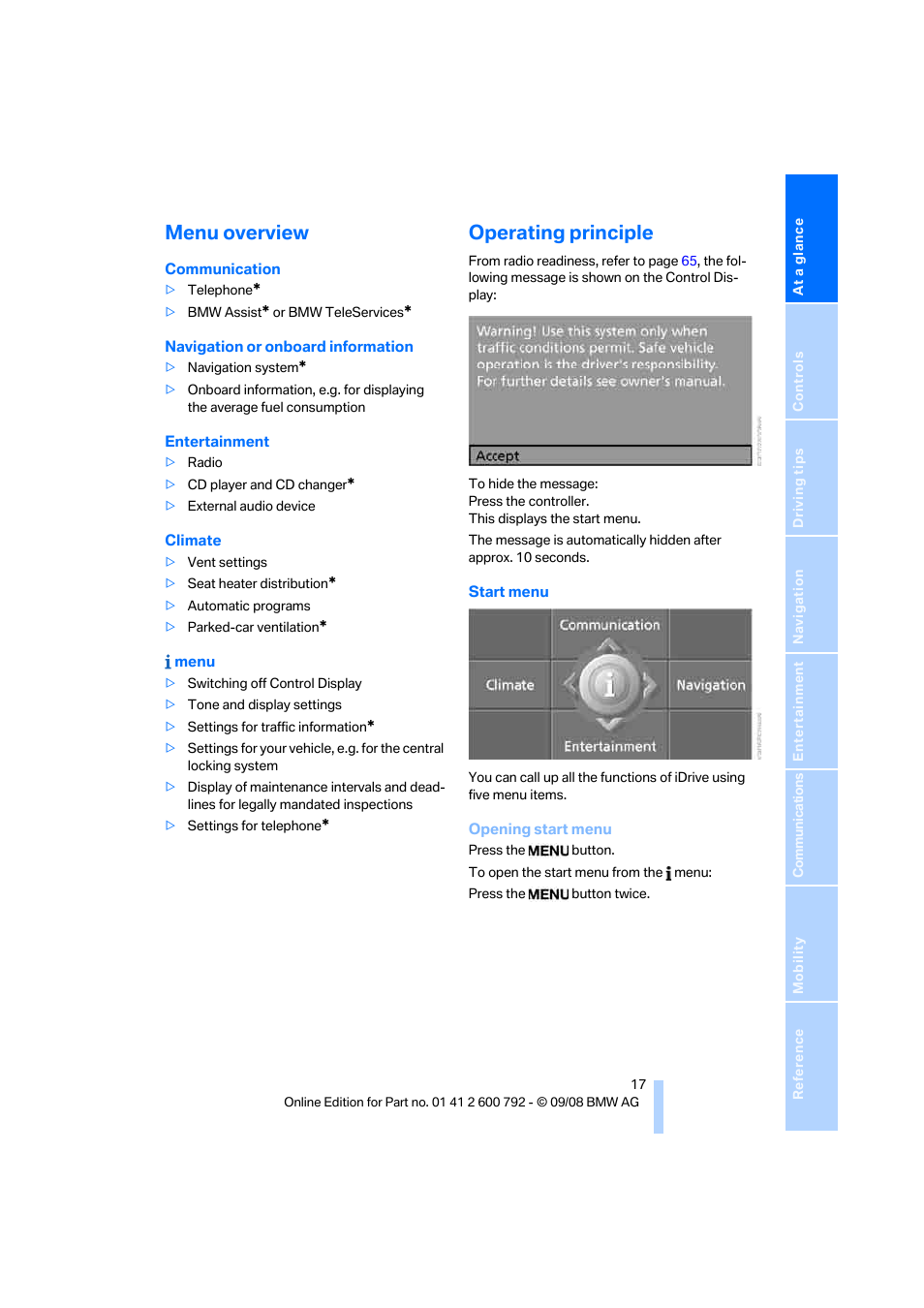 Menu overview, Operating principle, L display | BMW X5 xDrive35d 2009 User Manual | Page 19 / 317