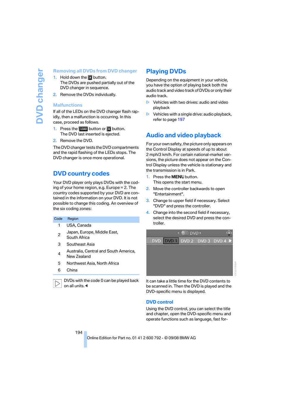 Dvd country codes, Playing dvds, Audio and video playback | Dvd changer | BMW X5 xDrive35d 2009 User Manual | Page 196 / 317