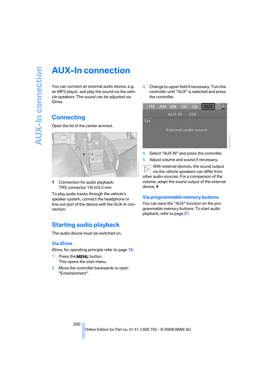 Aux-in connection, Connecting, Starting audio playback | BMW X5 xDrive35d 2009 User Manual | Page 202 / 317