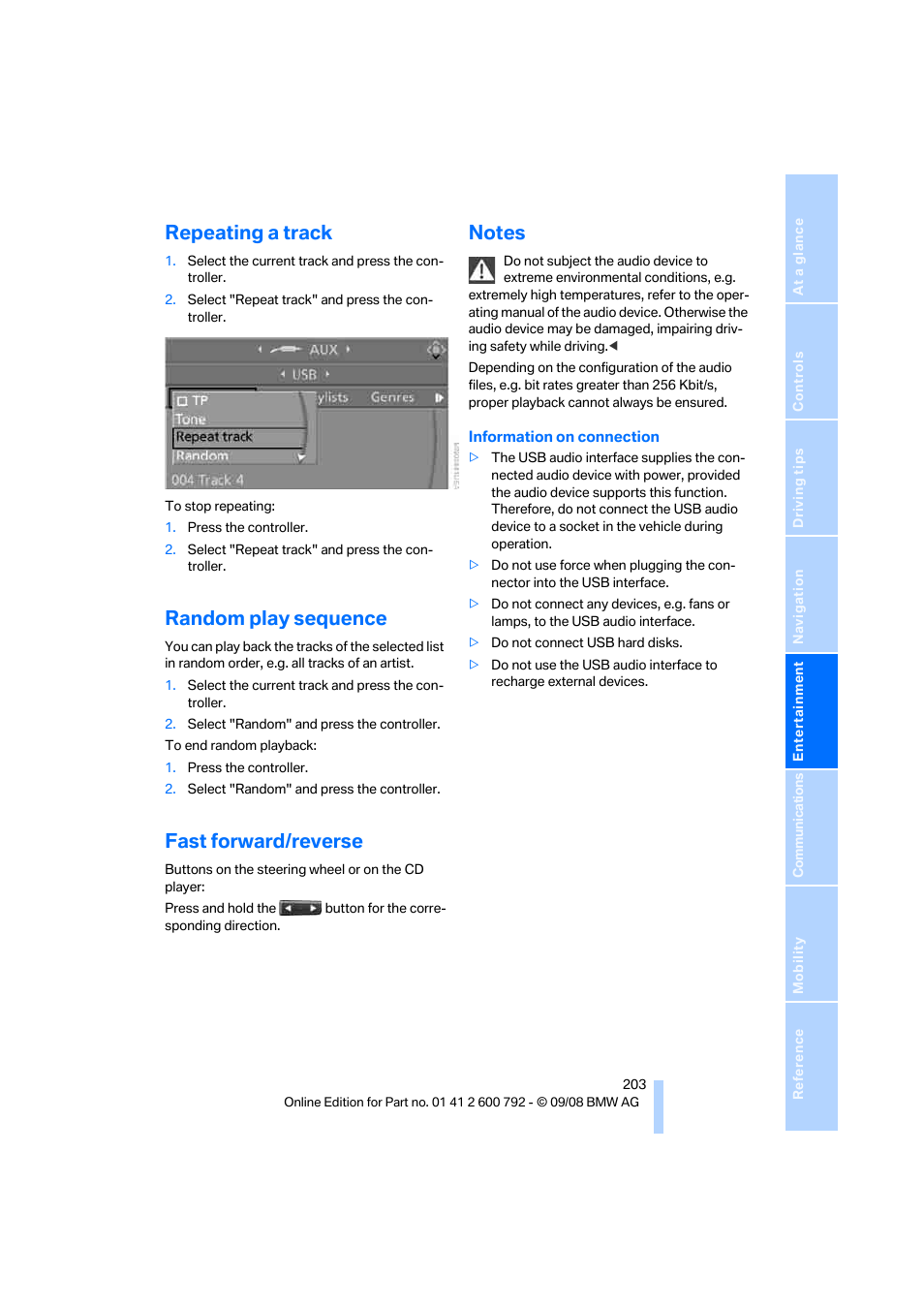 Repeating a track, Random play sequence, Fast forward/reverse | Notes | BMW X5 xDrive35d 2009 User Manual | Page 205 / 317