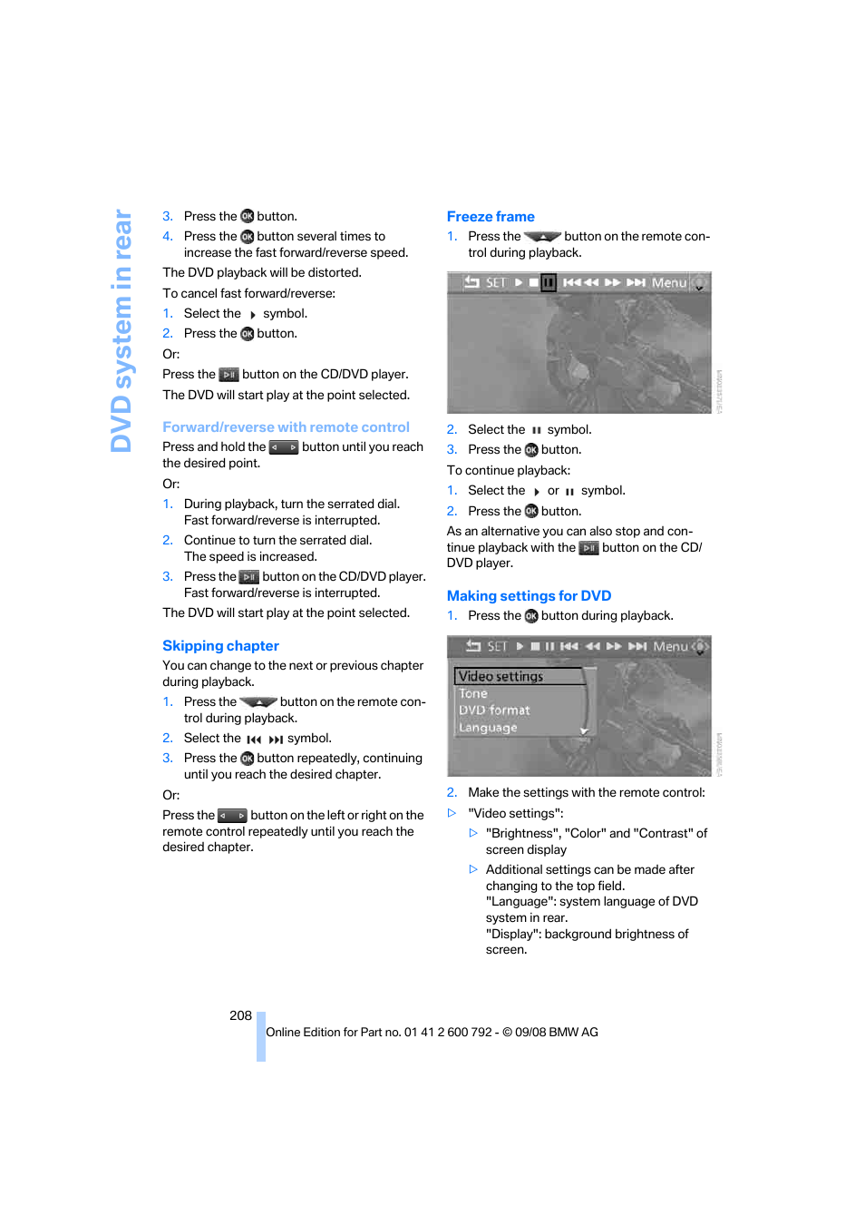 Dvd system in rear | BMW X5 xDrive35d 2009 User Manual | Page 210 / 317