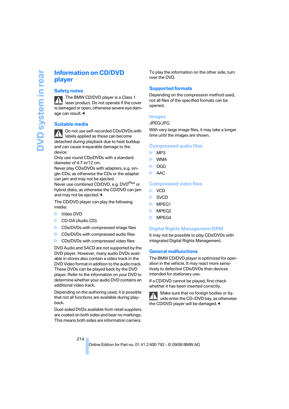 Information on cd/dvd player, Dvd system in rear | BMW X5 xDrive35d 2009 User Manual | Page 216 / 317