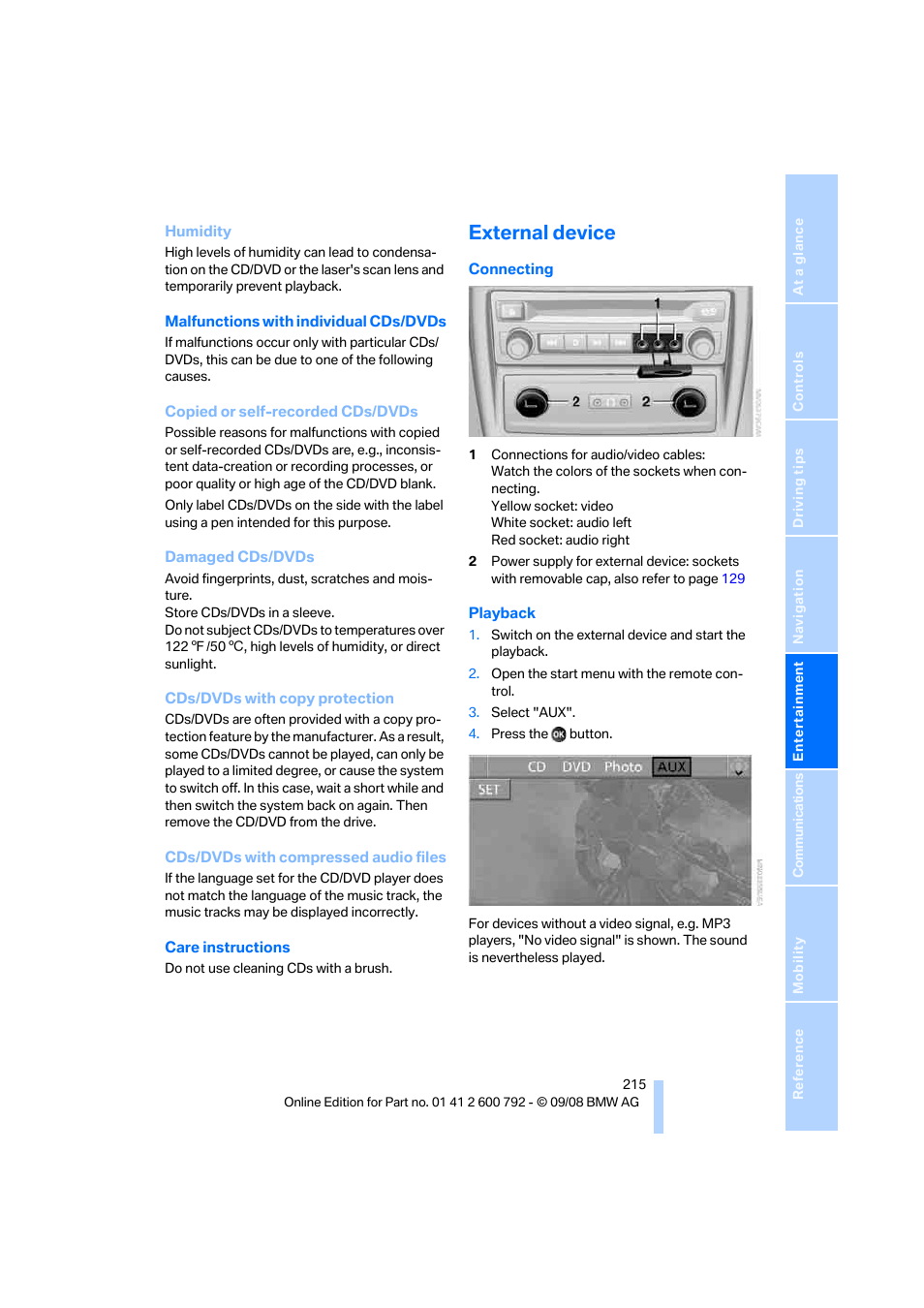 External device | BMW X5 xDrive35d 2009 User Manual | Page 217 / 317