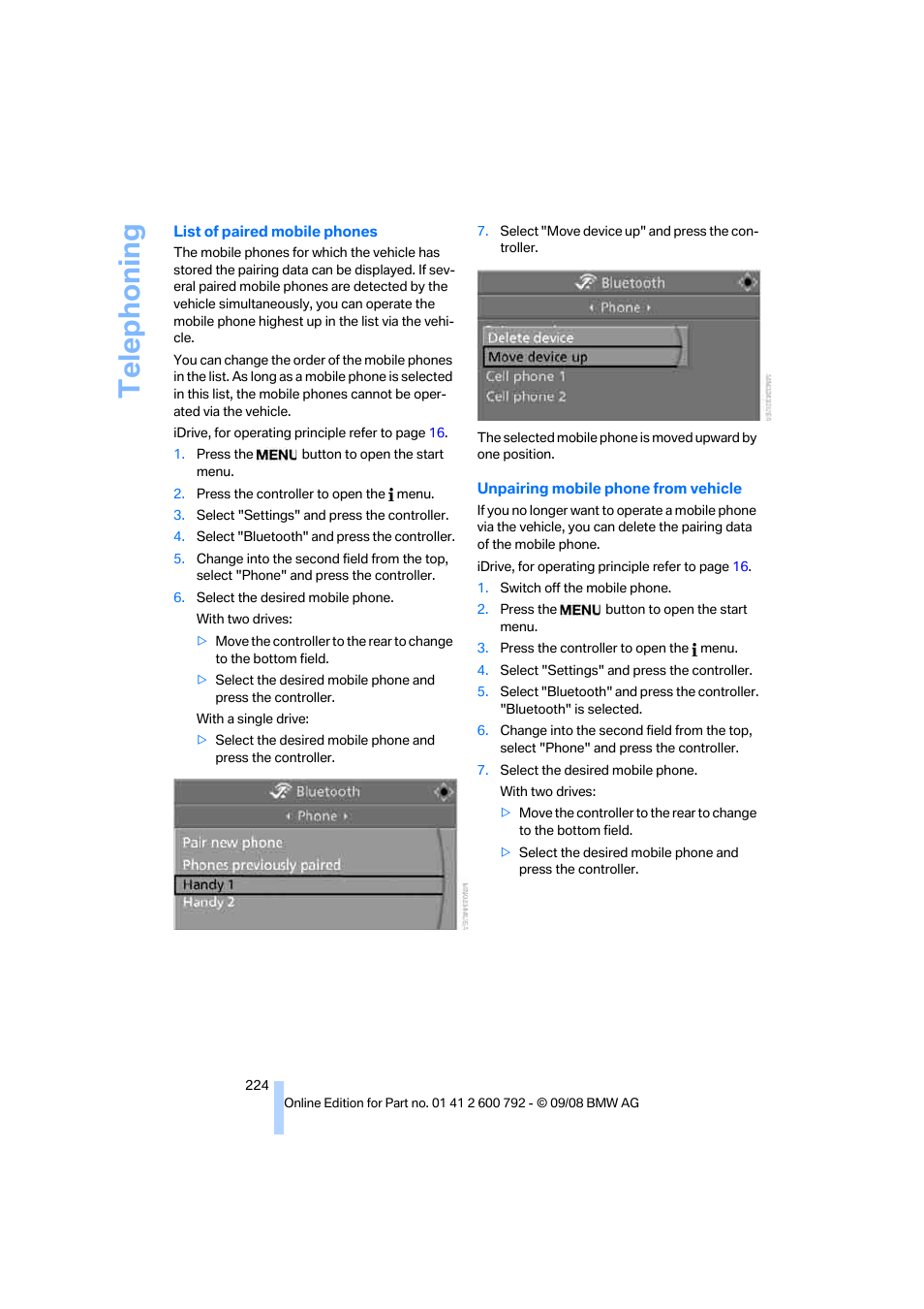 Telephoning | BMW X5 xDrive35d 2009 User Manual | Page 226 / 317