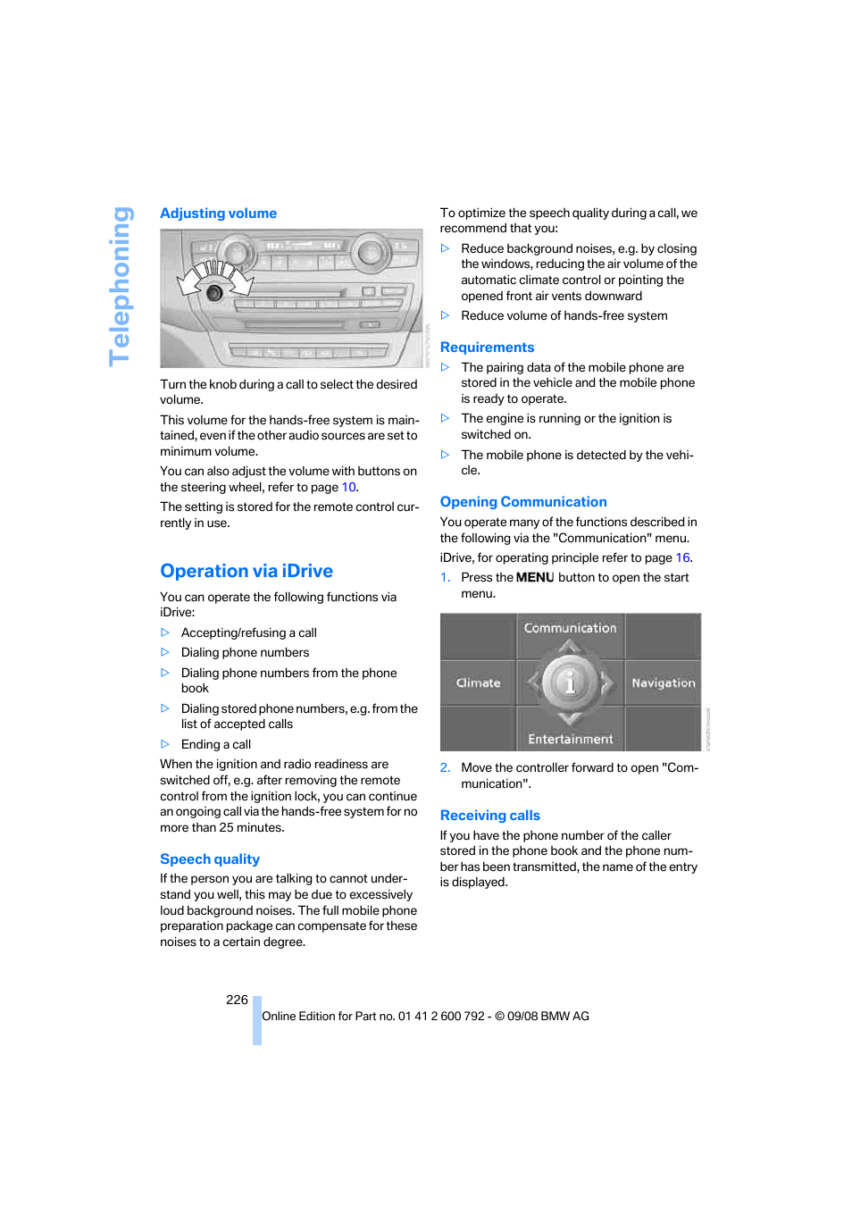 Operation via idrive, Telephoning | BMW X5 xDrive35d 2009 User Manual | Page 228 / 317