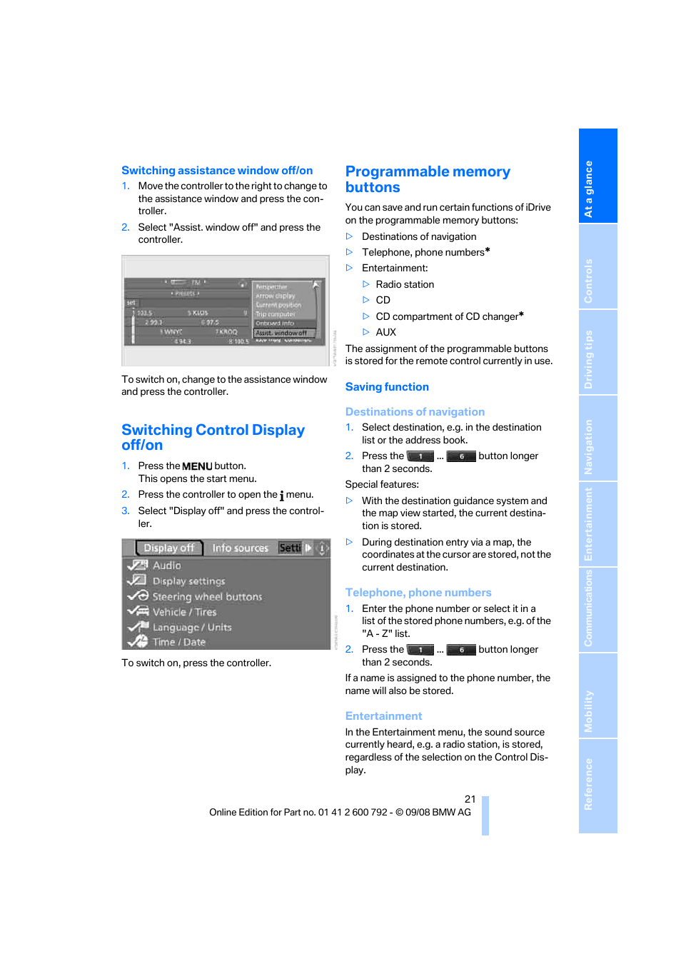 Switching control display off/on, Programmable memory buttons | BMW X5 xDrive35d 2009 User Manual | Page 23 / 317