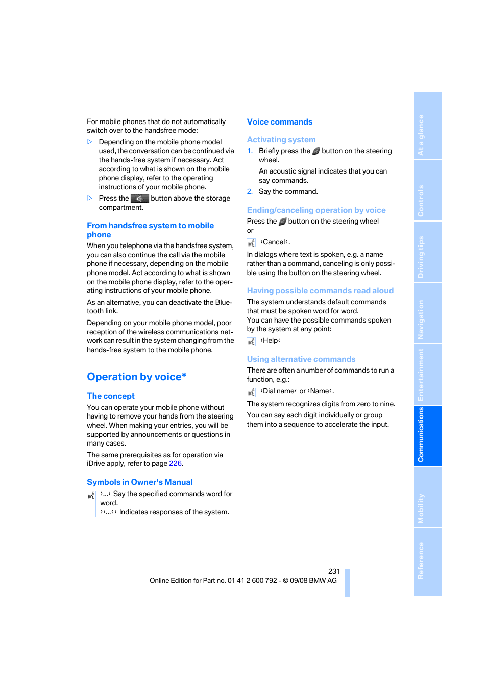 Operation by voice | BMW X5 xDrive35d 2009 User Manual | Page 233 / 317
