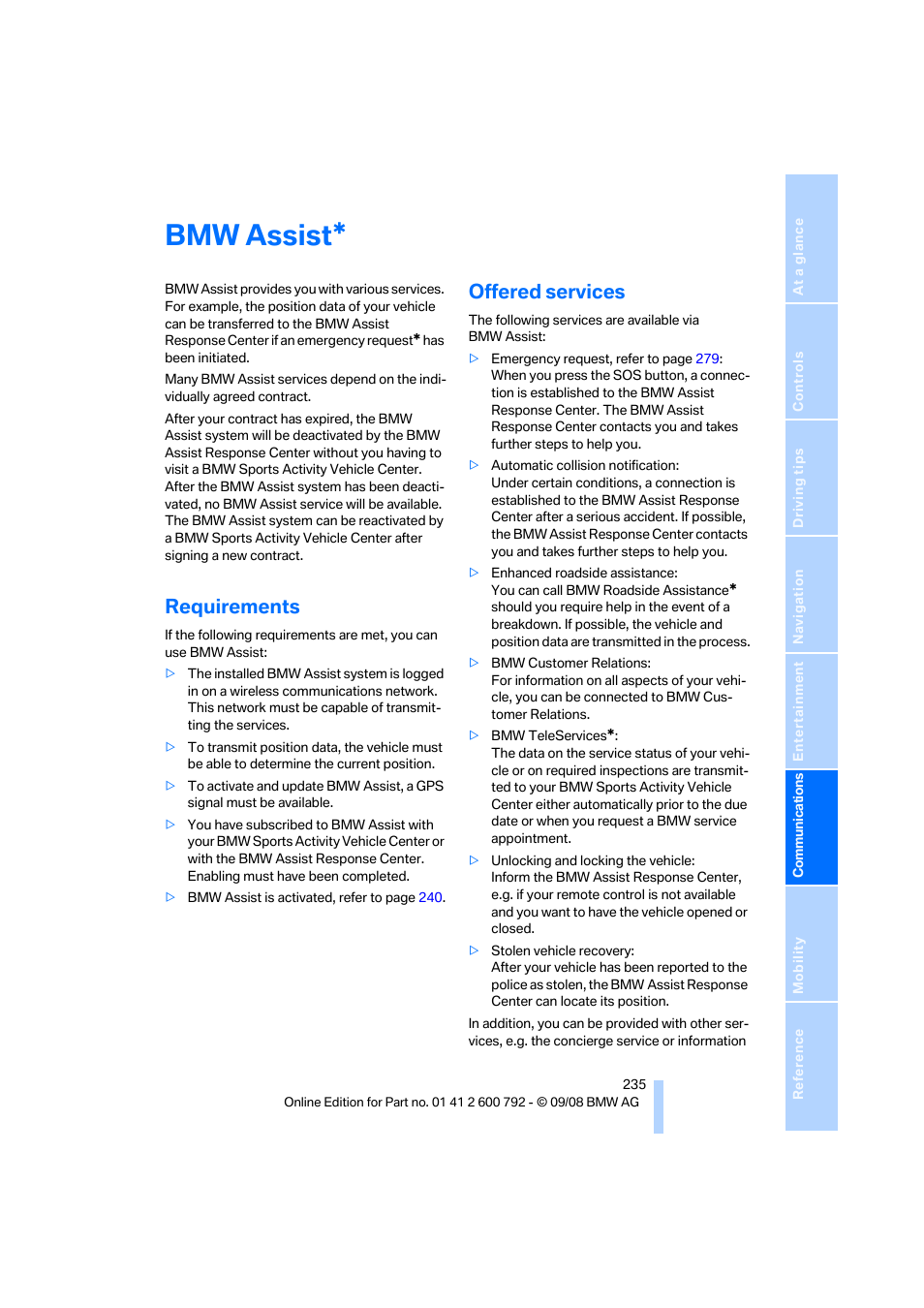 Bmw assist, Requirements, Offered services | BMW X5 xDrive35d 2009 User Manual | Page 237 / 317