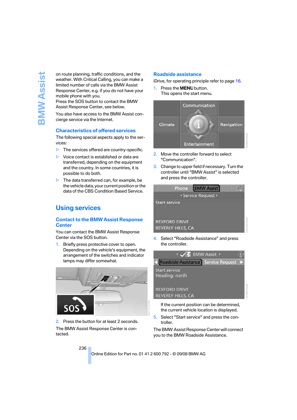 Using services, Bmw assist | BMW X5 xDrive35d 2009 User Manual | Page 238 / 317