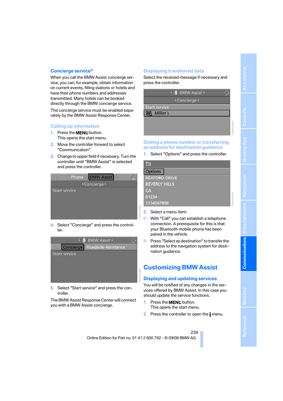 Customizing bmw assist | BMW X5 xDrive35d 2009 User Manual | Page 241 / 317