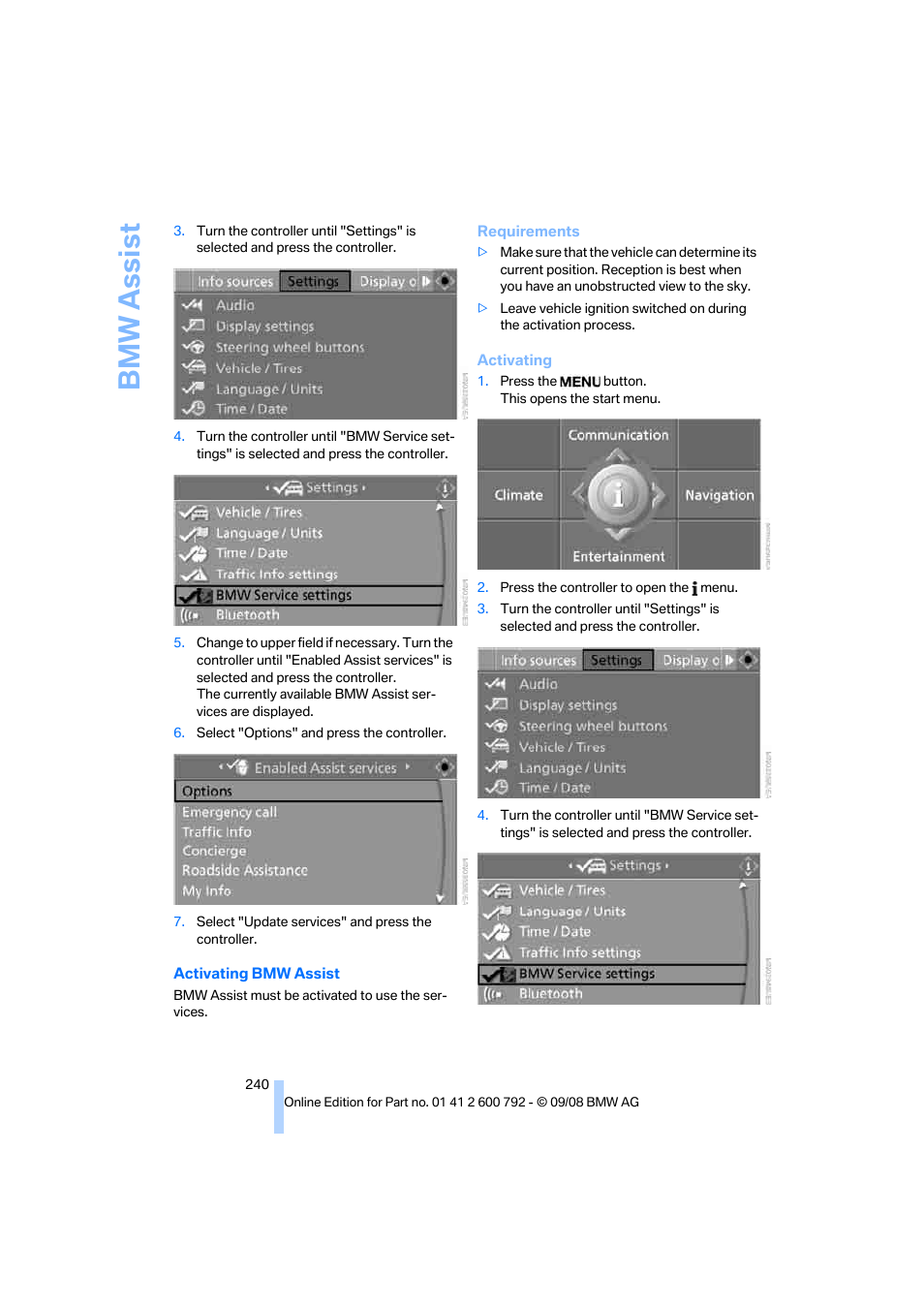 Bmw assist | BMW X5 xDrive35d 2009 User Manual | Page 242 / 317