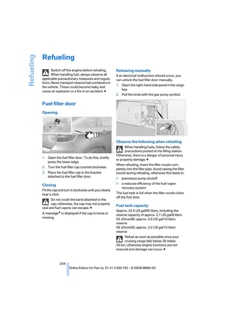 Refueling, Fuel filler door, Lity | BMW X5 xDrive35d 2009 User Manual | Page 246 / 317