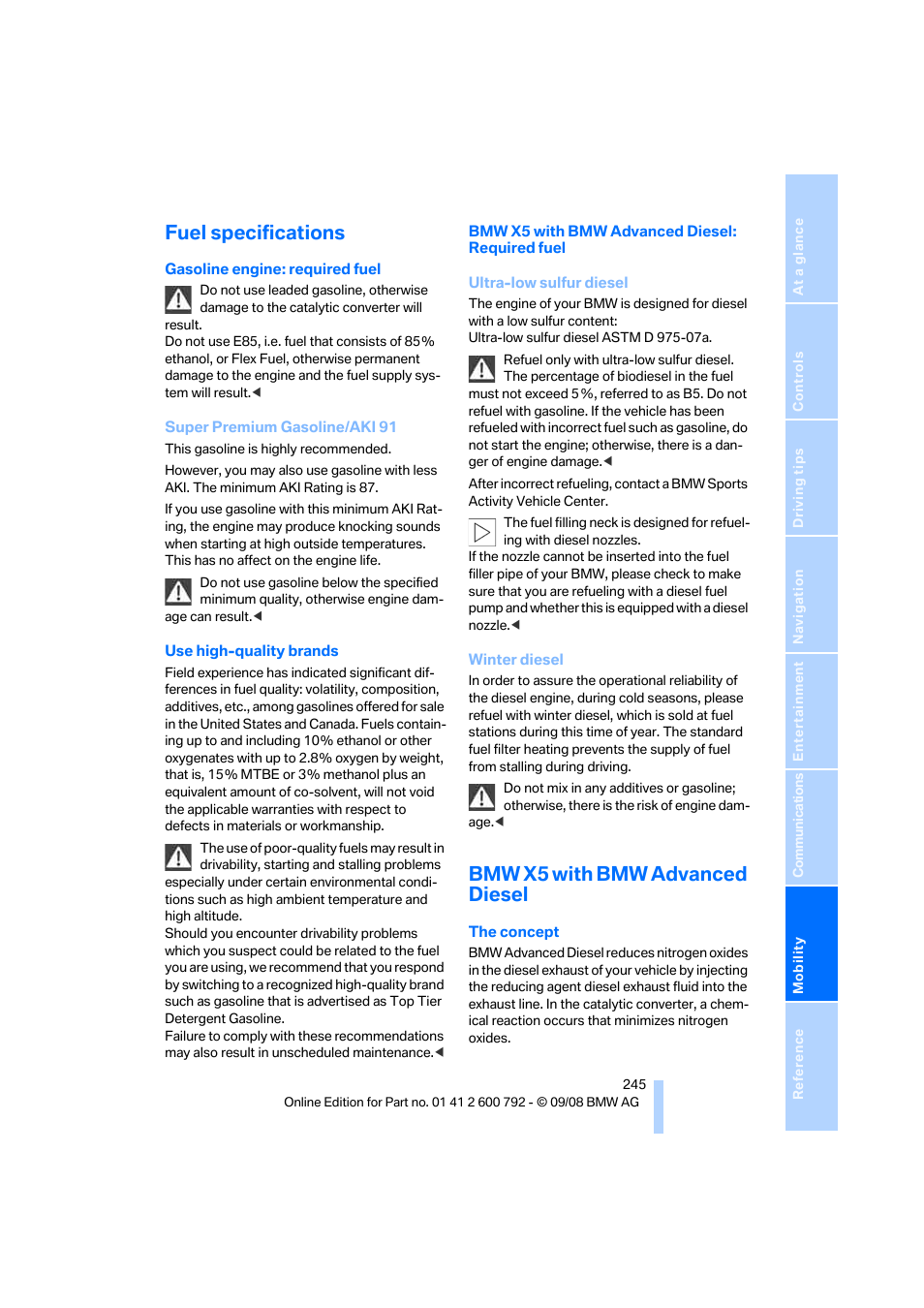 Fuel specifications, Bmw x5 with bmw advanced diesel | BMW X5 xDrive35d 2009 User Manual | Page 247 / 317