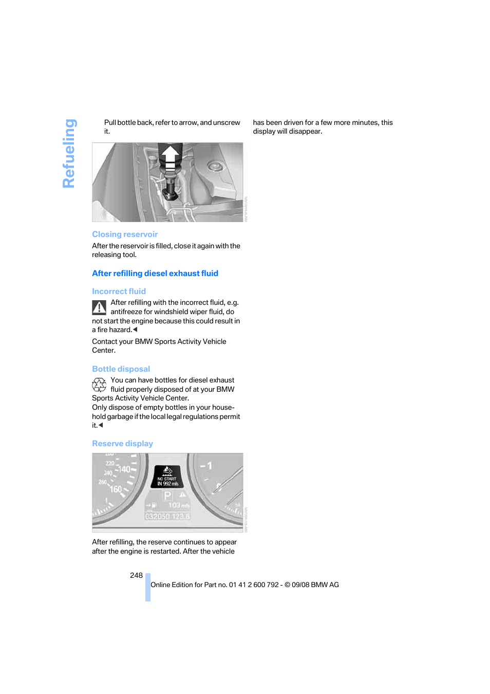 Refueling | BMW X5 xDrive35d 2009 User Manual | Page 250 / 317