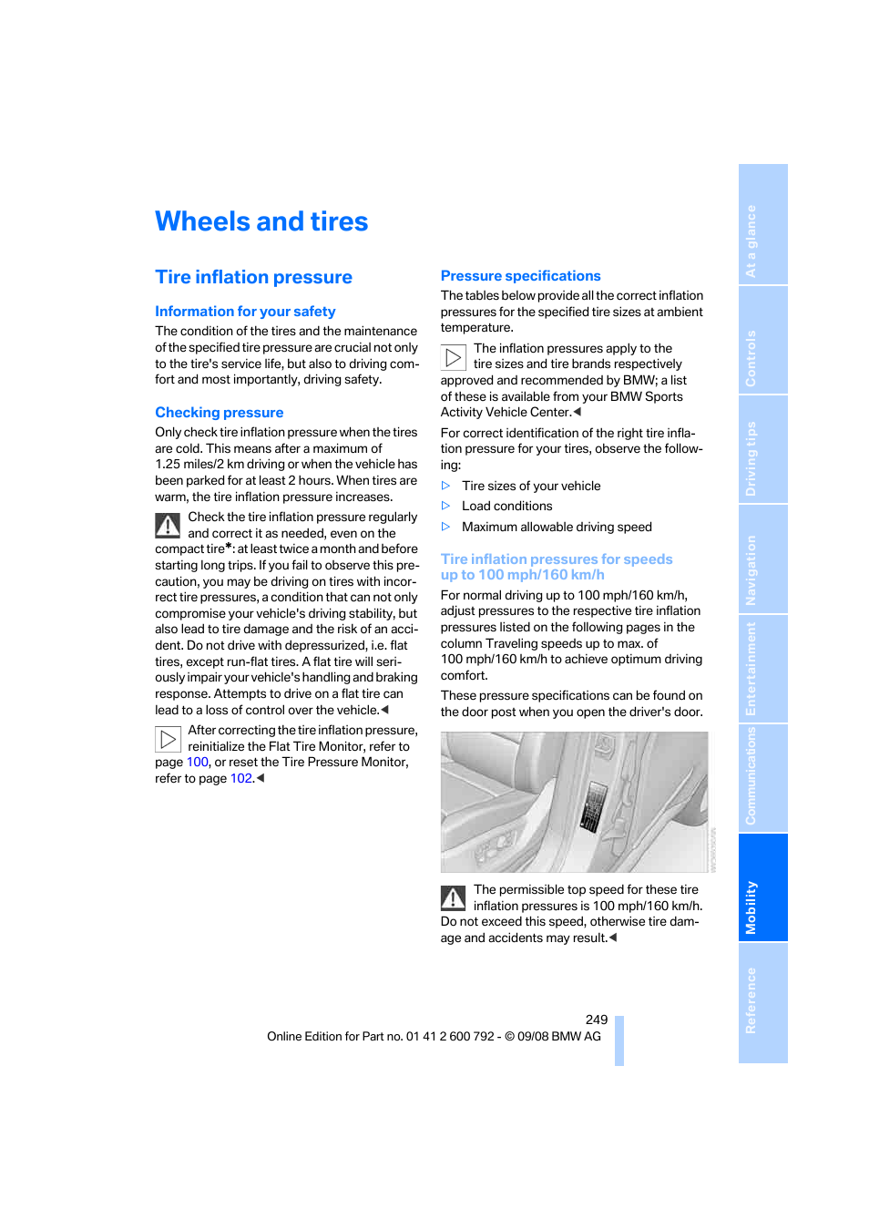 Wheels and tires, Tire inflation pressure | BMW X5 xDrive35d 2009 User Manual | Page 251 / 317