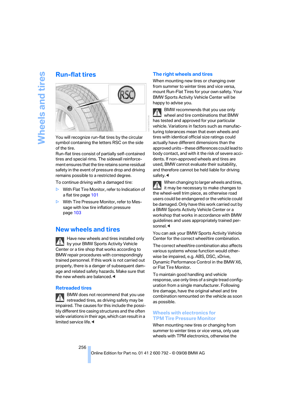 Run-flat tires, New wheels and tires, Wheels and tires | BMW X5 xDrive35d 2009 User Manual | Page 258 / 317