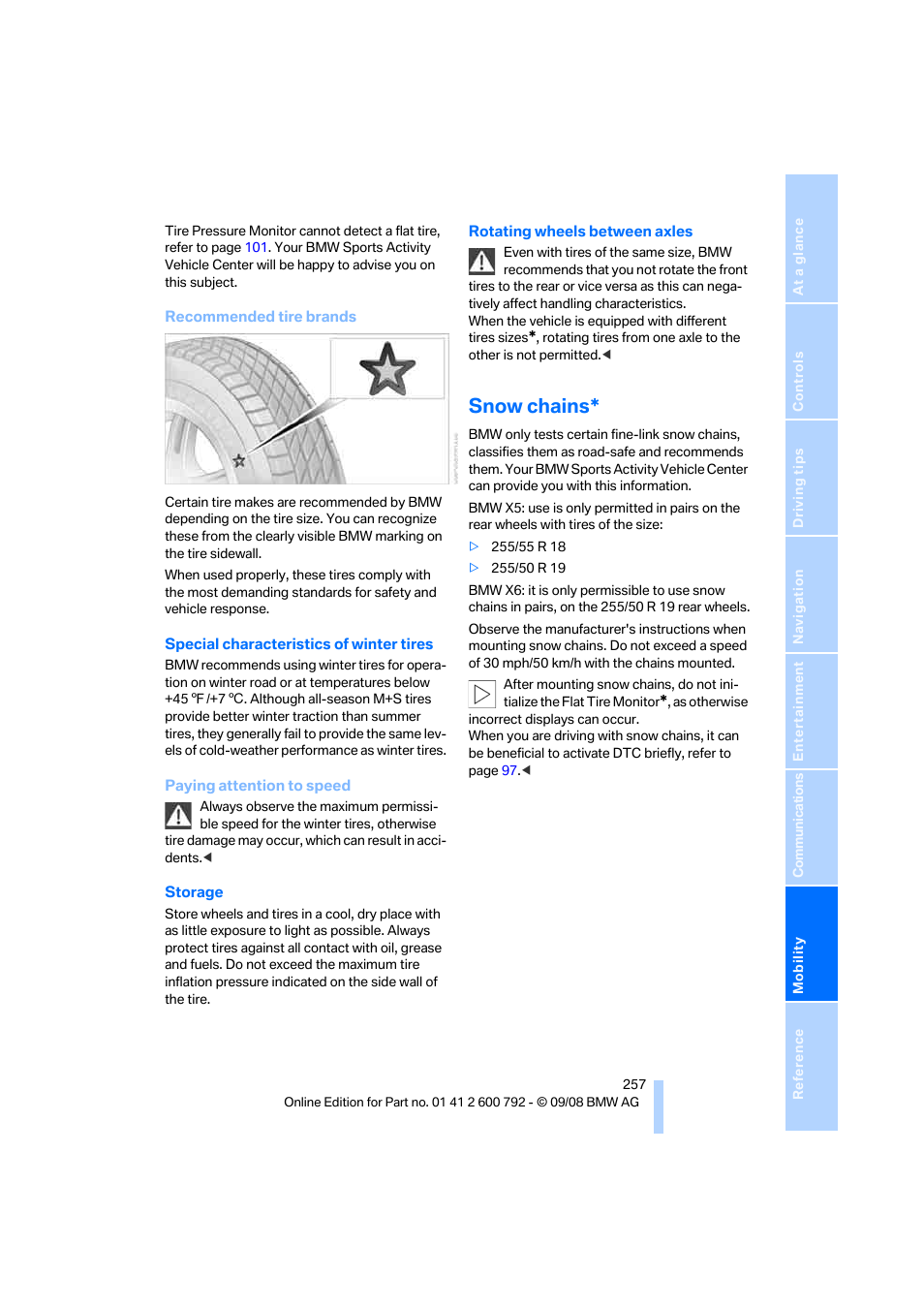 Snow chains | BMW X5 xDrive35d 2009 User Manual | Page 259 / 317