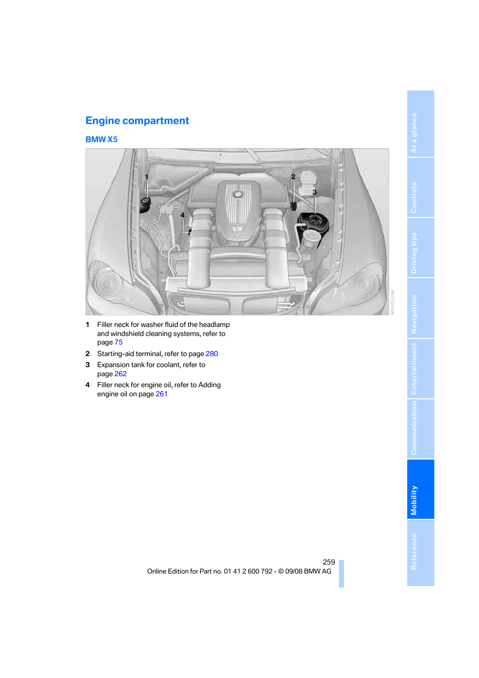 Engine compartment | BMW X5 xDrive35d 2009 User Manual | Page 261 / 317