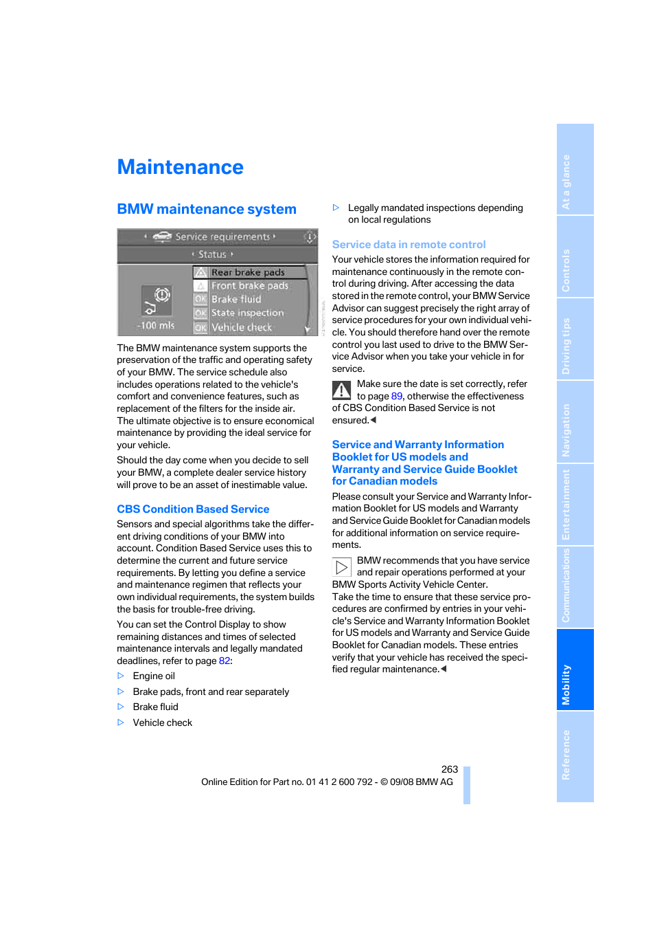 Maintenance, Bmw maintenance system | BMW X5 xDrive35d 2009 User Manual | Page 265 / 317