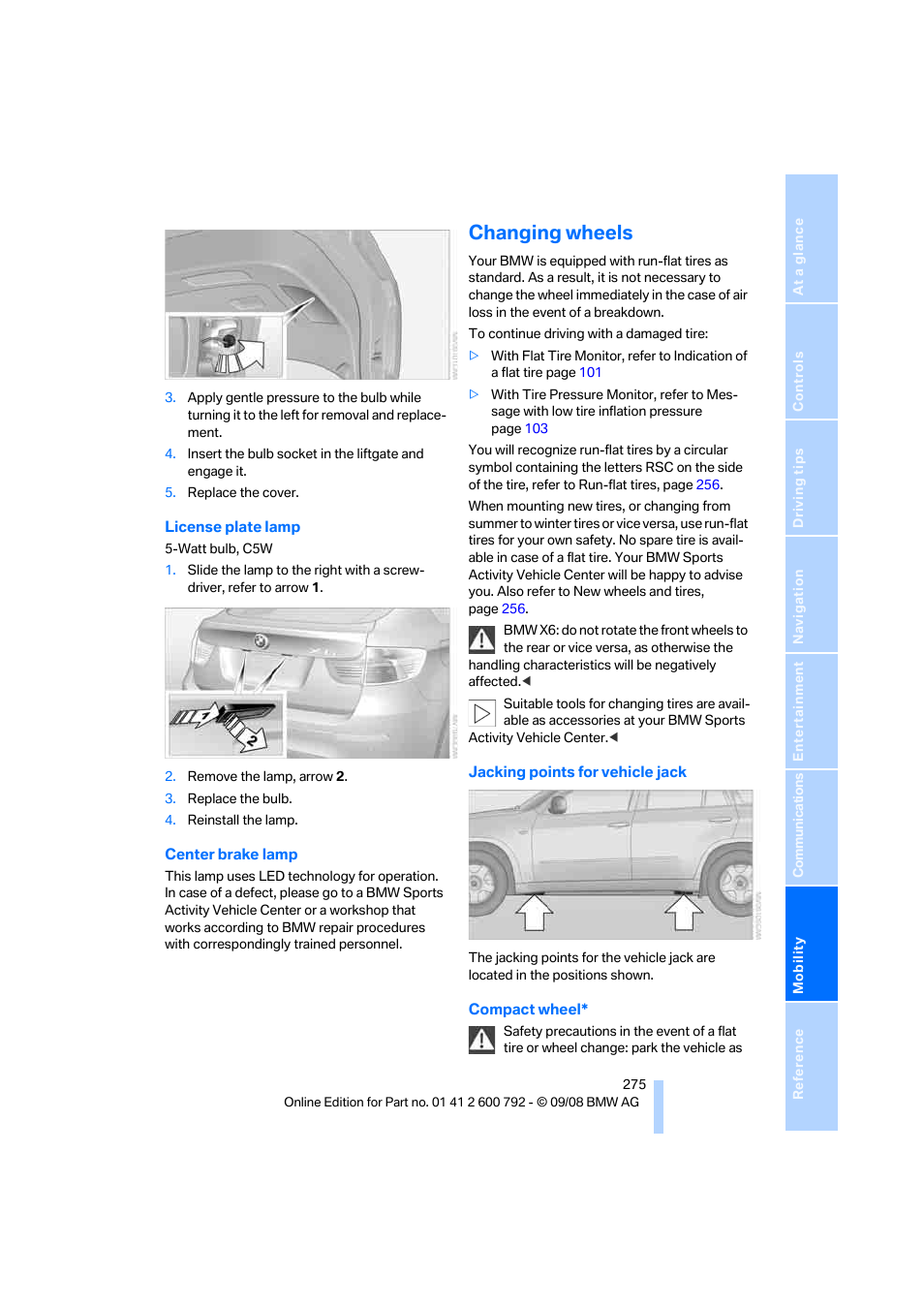 Changing wheels | BMW X5 xDrive35d 2009 User Manual | Page 277 / 317