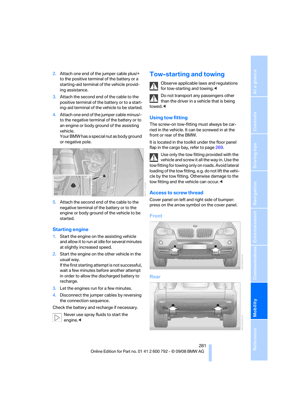 Tow-starting and towing | BMW X5 xDrive35d 2009 User Manual | Page 283 / 317
