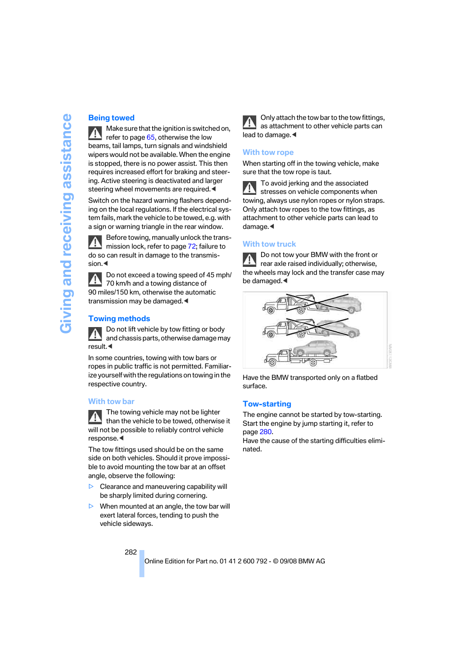 Giving and receiving assistance | BMW X5 xDrive35d 2009 User Manual | Page 284 / 317