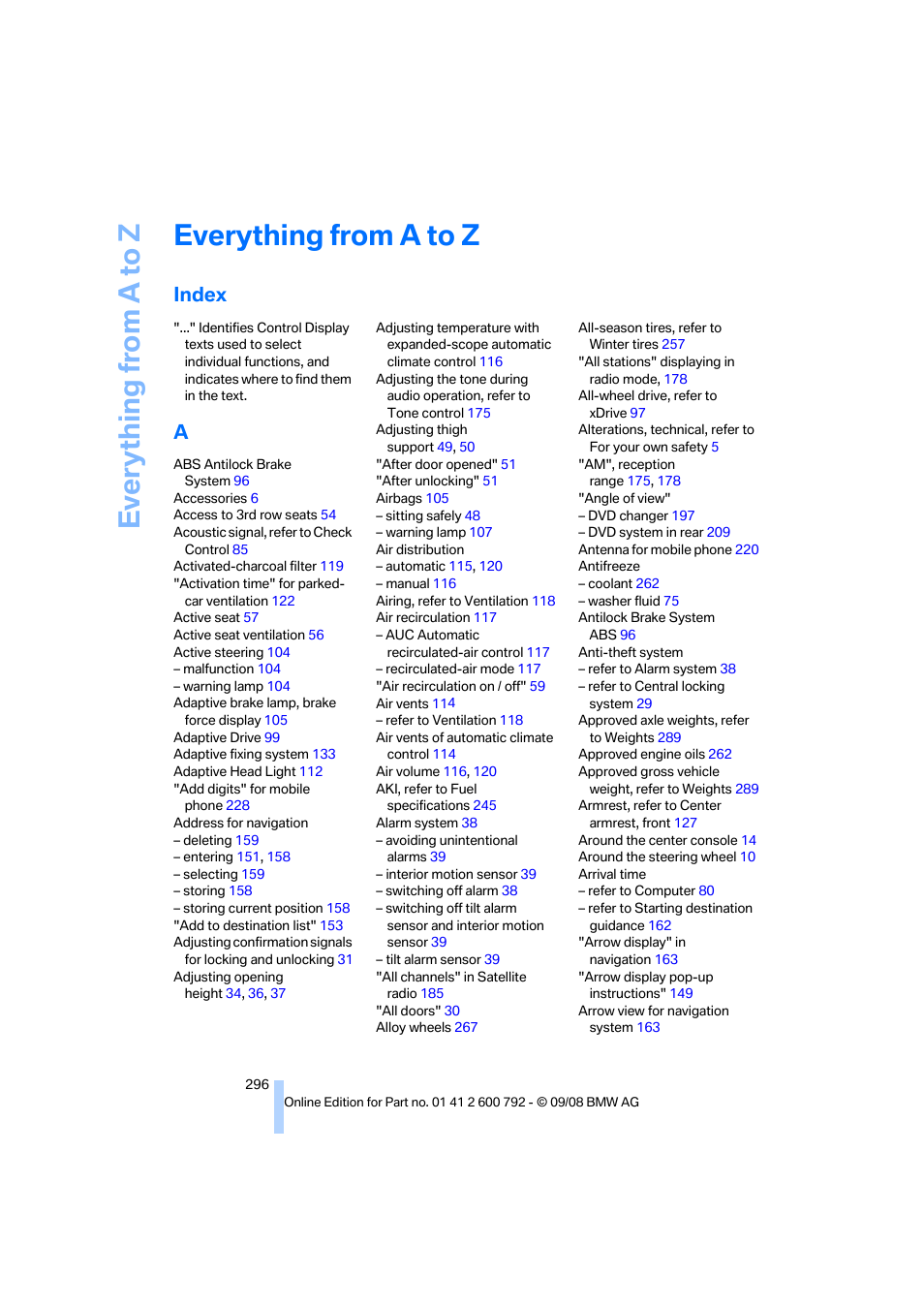 Everything from a to z, Index | BMW X5 xDrive35d 2009 User Manual | Page 298 / 317