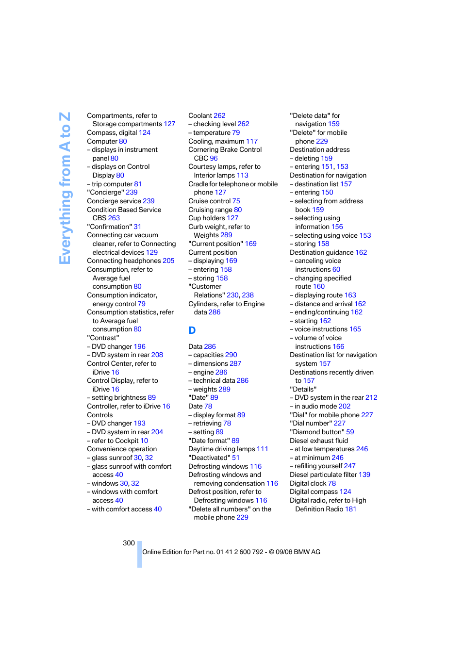 Everything from a to z | BMW X5 xDrive35d 2009 User Manual | Page 302 / 317