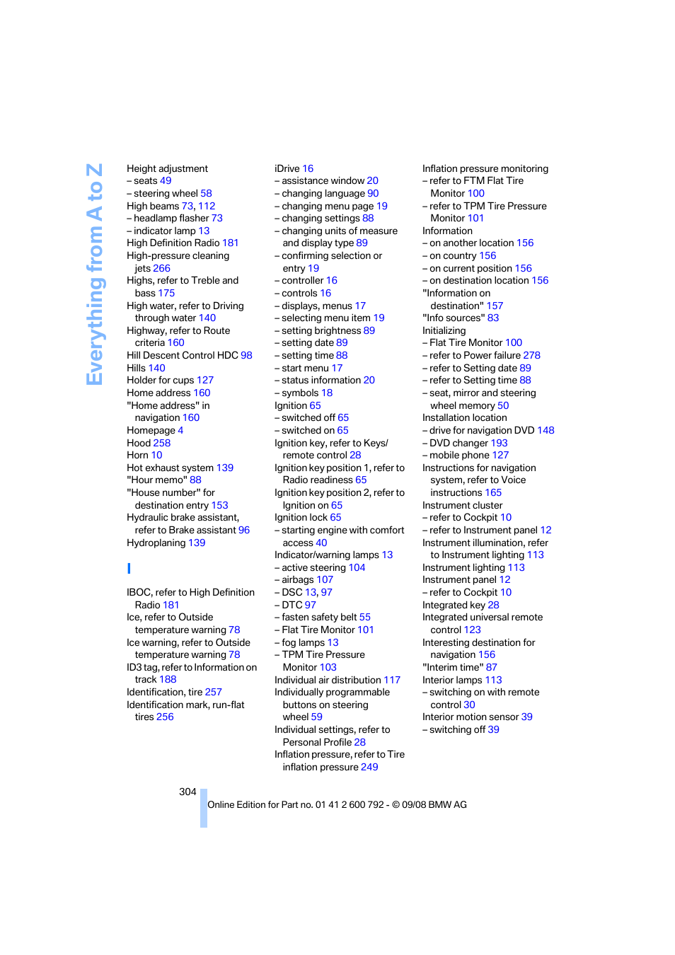 Everything from a to z | BMW X5 xDrive35d 2009 User Manual | Page 306 / 317