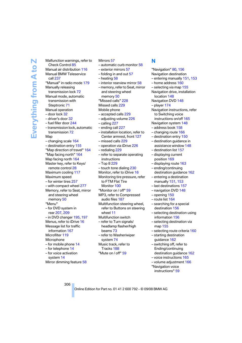 Everything from a to z | BMW X5 xDrive35d 2009 User Manual | Page 308 / 317