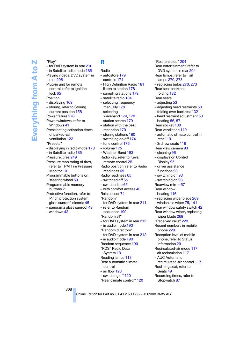 Everything from a to z | BMW X5 xDrive35d 2009 User Manual | Page 310 / 317