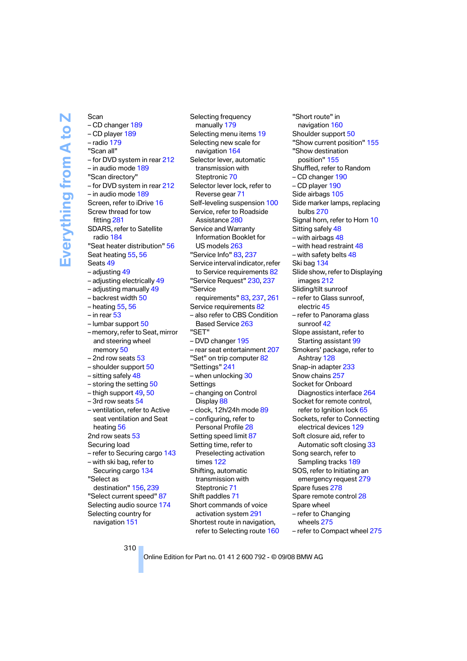 Everything from a to z | BMW X5 xDrive35d 2009 User Manual | Page 312 / 317