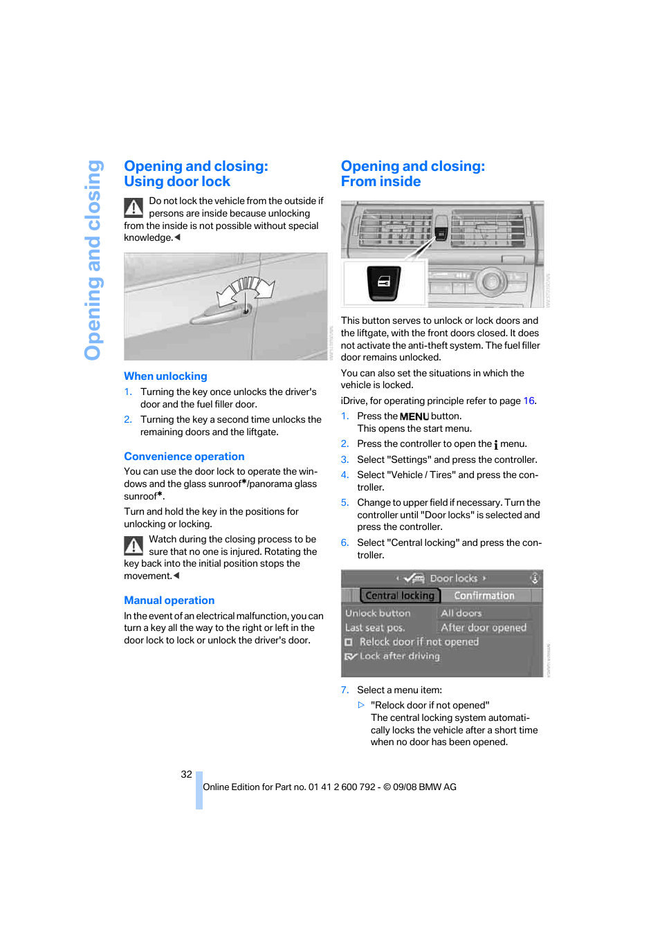 Opening and closing: using door lock, Opening and closing: from inside, Opening and closing | BMW X5 xDrive35d 2009 User Manual | Page 34 / 317