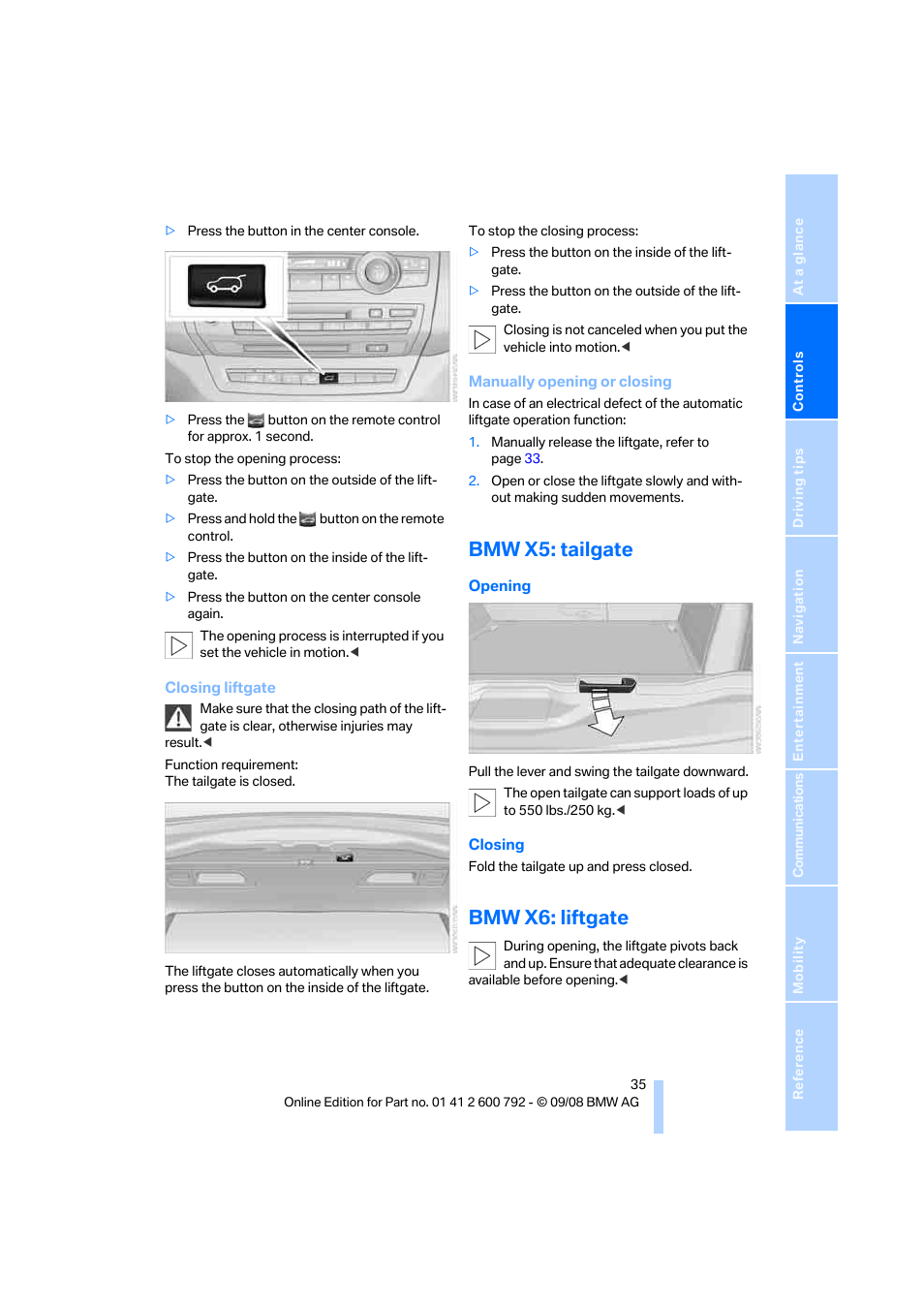 Bmw x5: tailgate, Bmw x6: liftgate | BMW X5 xDrive35d 2009 User Manual | Page 37 / 317