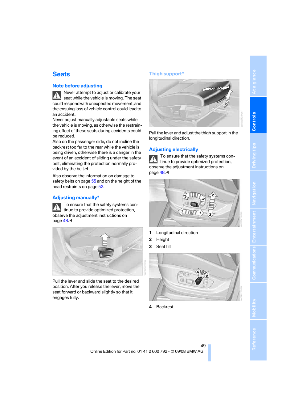Seats | BMW X5 xDrive35d 2009 User Manual | Page 51 / 317