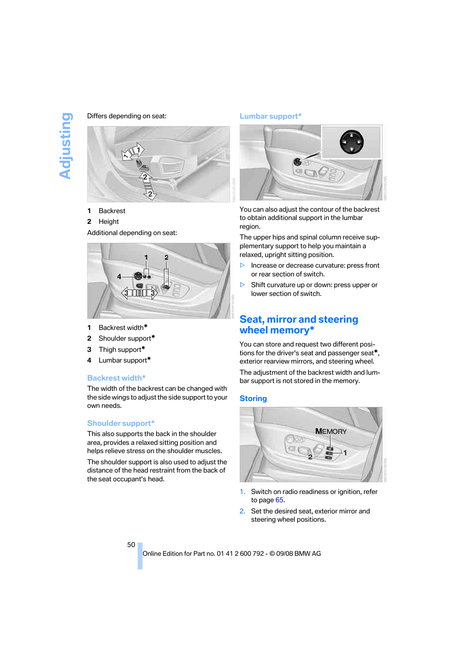 Seat, mirror and steering wheel memory, Adjusting | BMW X5 xDrive35d 2009 User Manual | Page 52 / 317