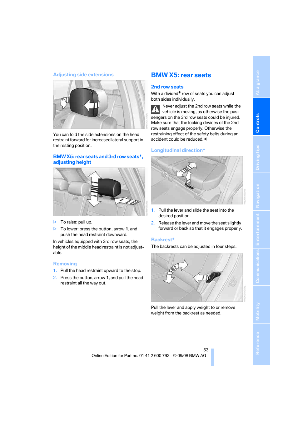 Bmw x5: rear seats | BMW X5 xDrive35d 2009 User Manual | Page 55 / 317