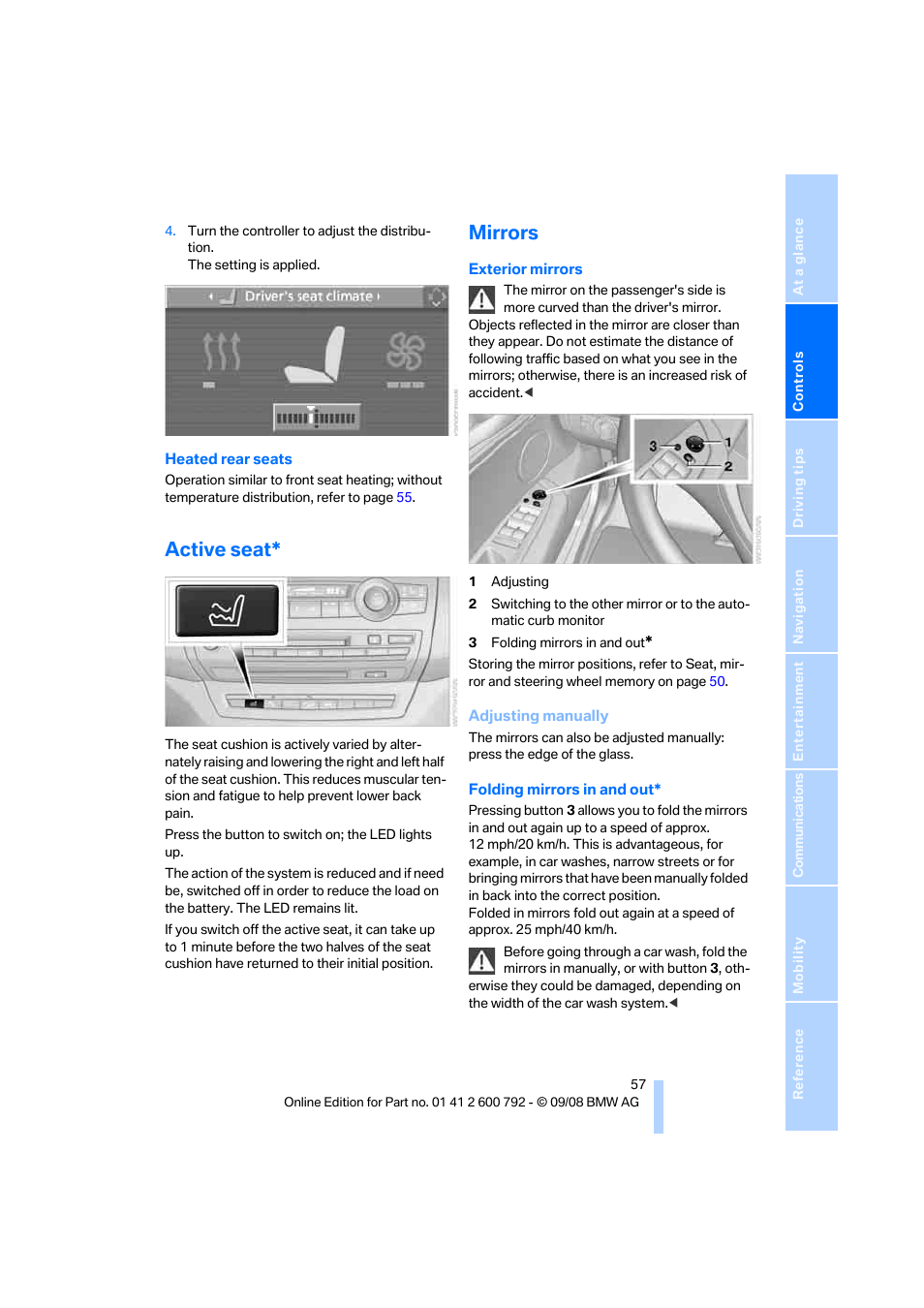 Active seat, Mirrors | BMW X5 xDrive35d 2009 User Manual | Page 59 / 317