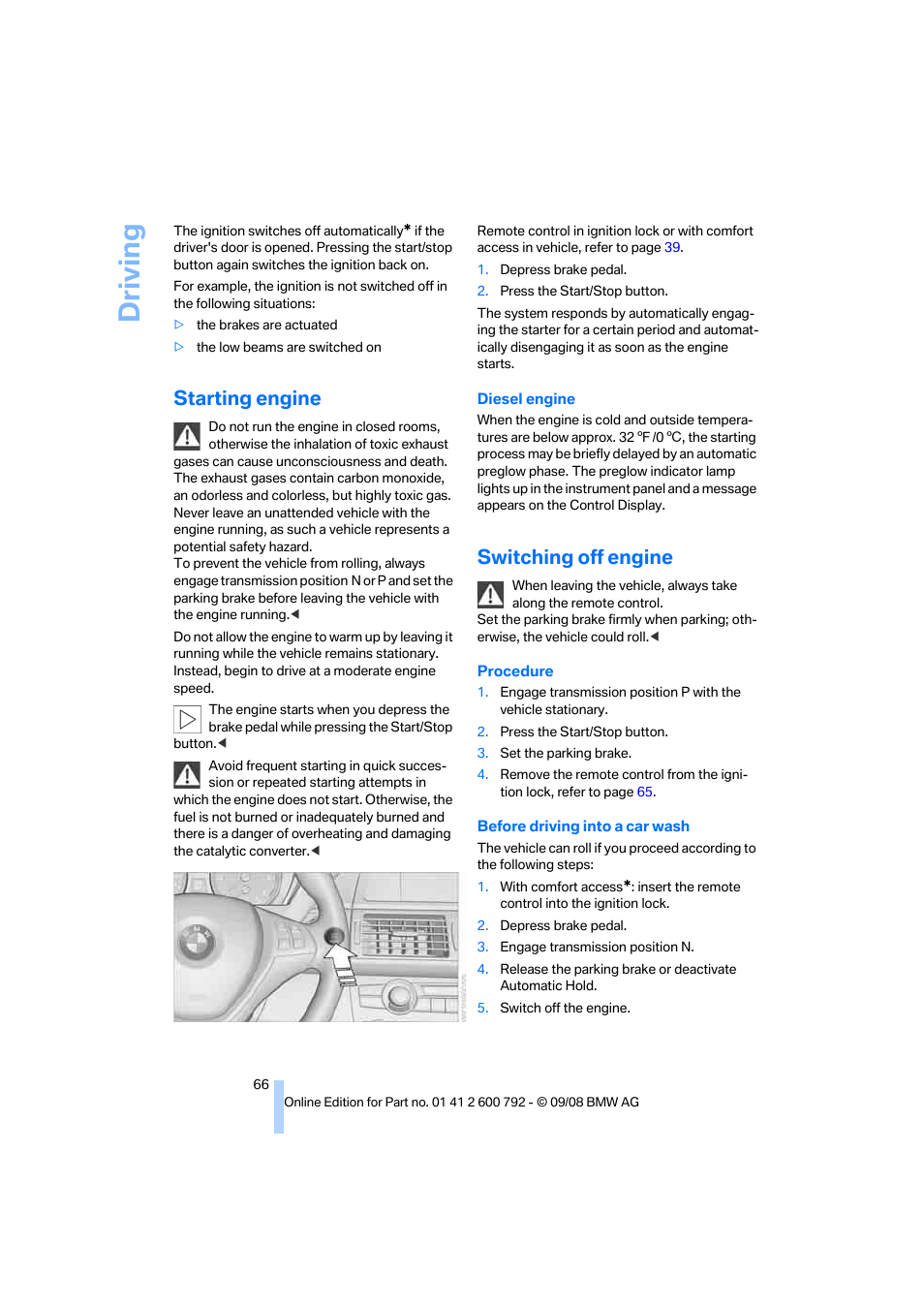 Starting engine, Switching off engine, Driving | BMW X5 xDrive35d 2009 User Manual | Page 68 / 317