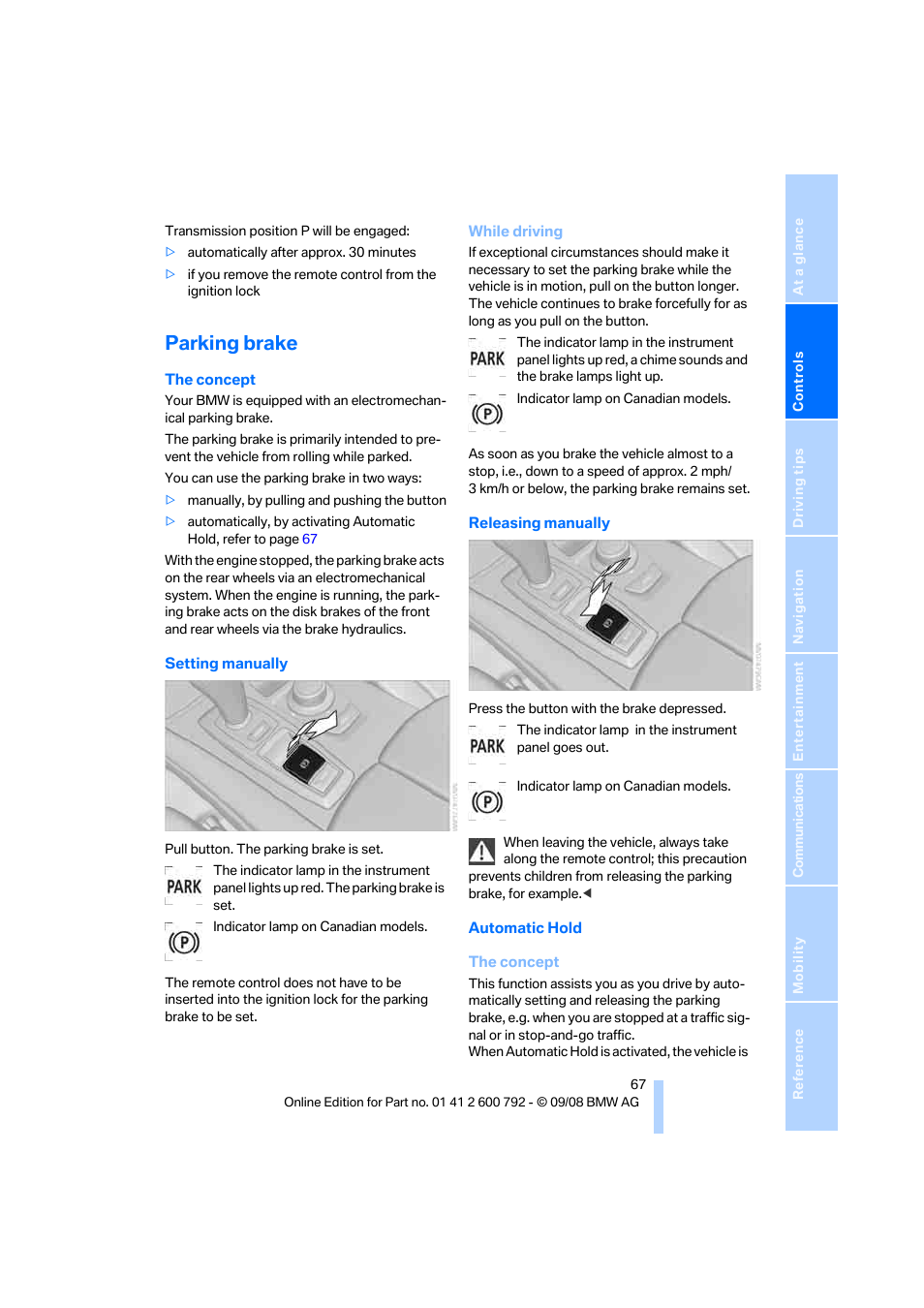 Parking brake, Automatic hold | BMW X5 xDrive35d 2009 User Manual | Page 69 / 317