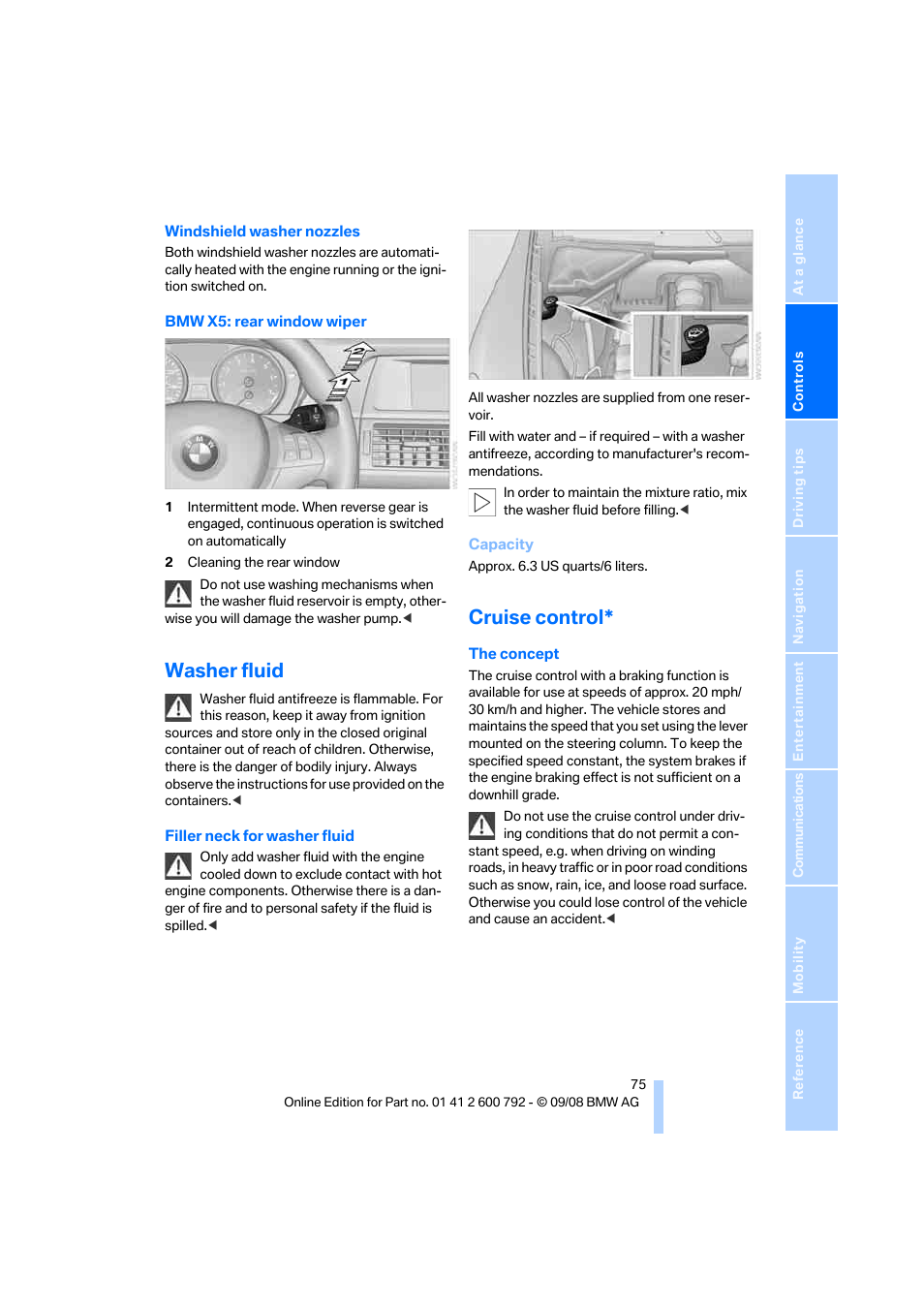 Washer fluid, Cruise control | BMW X5 xDrive35d 2009 User Manual | Page 77 / 317