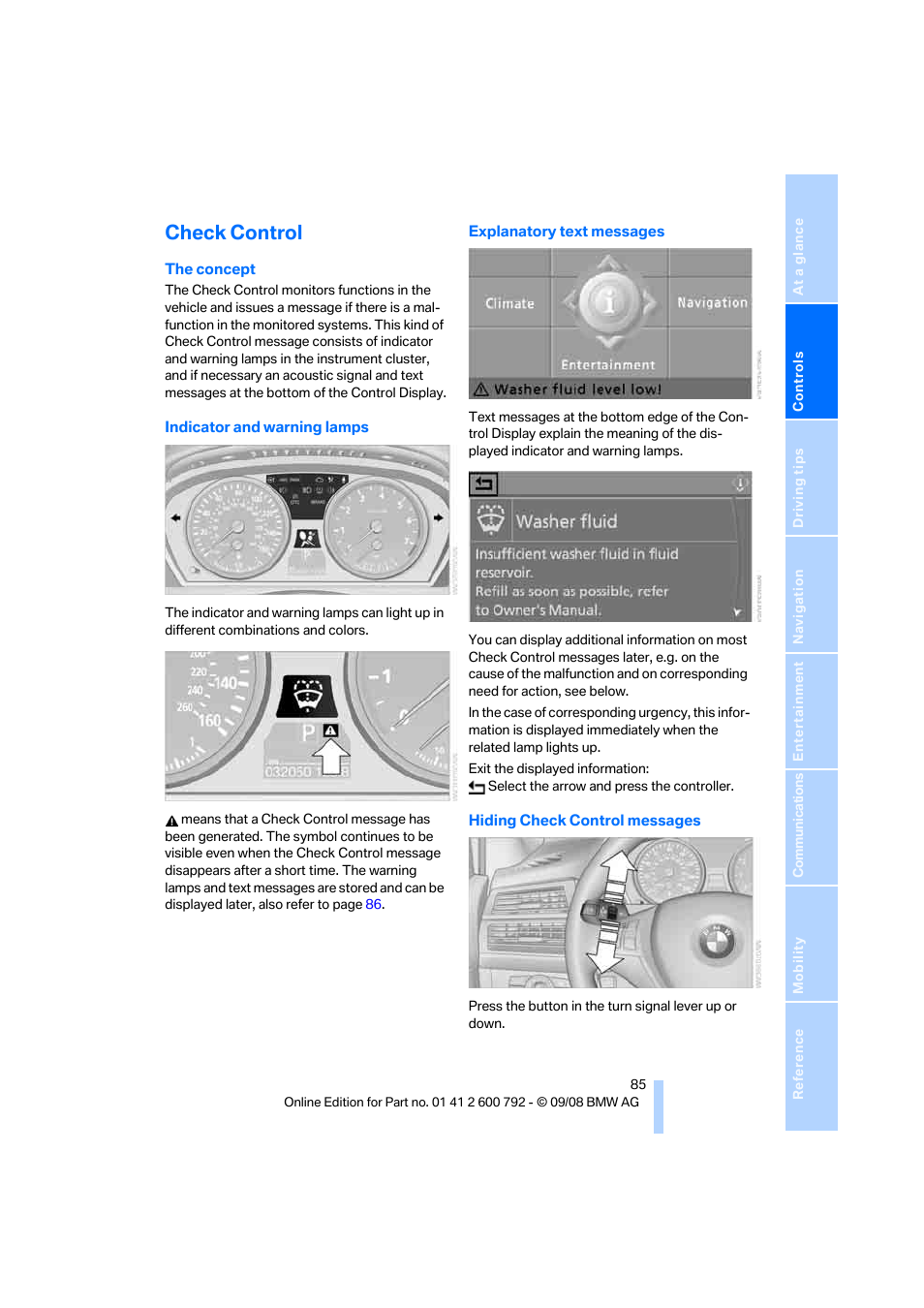 Check control | BMW X5 xDrive35d 2009 User Manual | Page 87 / 317