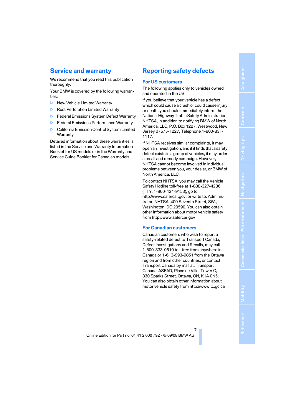 Service and warranty, Reporting safety defects | BMW X5 xDrive35d 2009 User Manual | Page 9 / 317