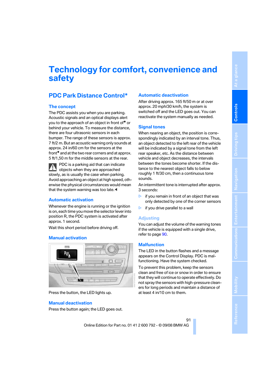 Technology for comfort, convenience and safety, Pdc park distance control | BMW X5 xDrive35d 2009 User Manual | Page 93 / 317