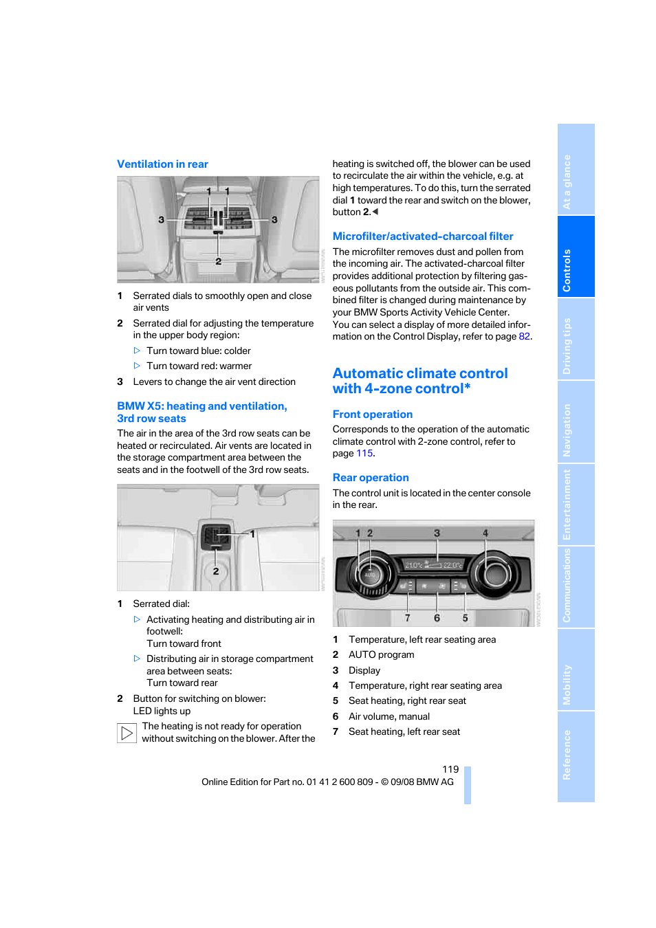 Automatic climate control with 4-zone control | BMW X6 xDrive50i 2009 User Manual | Page 121 / 317