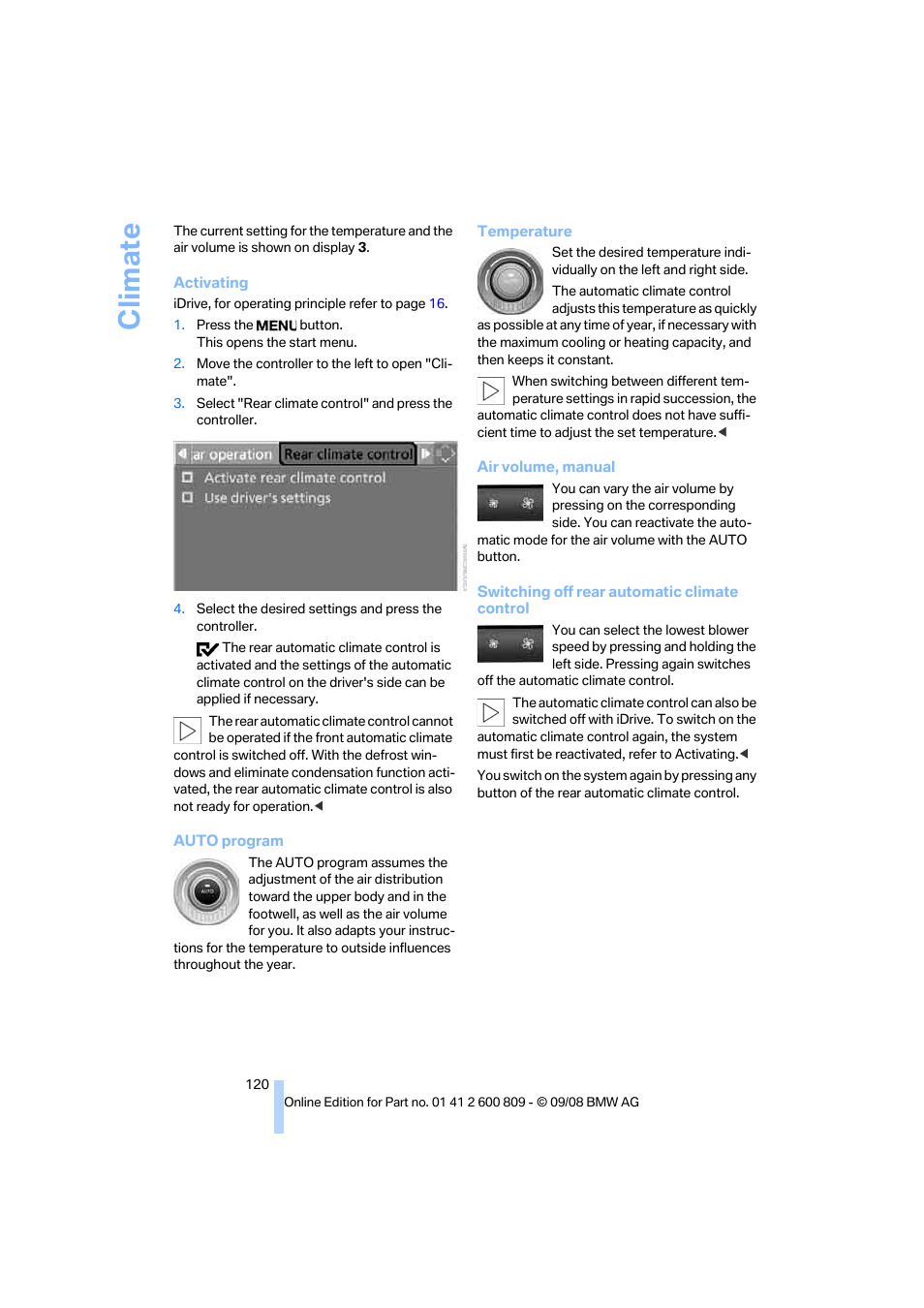 Climate | BMW X6 xDrive50i 2009 User Manual | Page 122 / 317